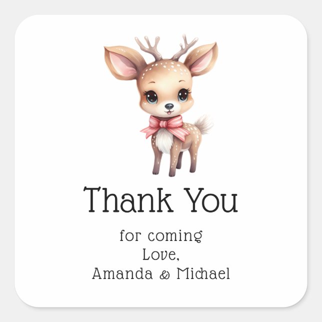 Cute Baby Deer Cartoon Drawing Party Thank You Square Sticker (Front)