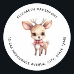 Cute Baby Deer Cartoon Illustration Address Classic Round Sticker<br><div class="desc">Address stickers with an illustration of an adorable baby deer. Big eyes big ears with a large head and little brown antlers. Wearing a big red bow.</div>