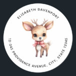 Cute Baby Deer Cartoon Illustration Address Classic Round Sticker<br><div class="desc">Address stickers with an illustration of an adorable baby deer. Big eyes big ears with a large head and little brown antlers. Wearing a big red bow.</div>
