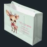 Cute Baby Deer Cartoon Illustration Christmas Large Gift Bag<br><div class="desc">Gift bag with an illustration of an adorable baby deer. Big eyes big ears with a large head and little brown antlers. Wearing a big red bow.</div>
