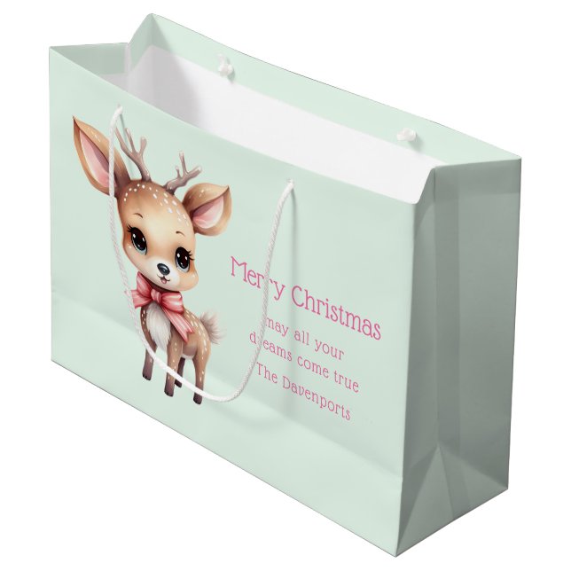 Cute Baby Deer Cartoon Illustration Christmas Large Gift Bag (Front Angled)