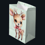 Cute Baby Deer Cartoon Illustration Christmas Medium Gift Bag<br><div class="desc">Gift bag with an illustration of an adorable baby deer. Big eyes big ears with a large head and little brown antlers. Wearing a big red bow.</div>