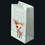 Cute Baby Deer Cartoon Illustration Christmas Small Gift Bag<br><div class="desc">Gift bag with an illustration of an adorable baby deer. Big eyes big ears with a large head and little brown antlers. Wearing a big red bow.</div>