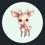 Cute Baby Deer Cartoon Illustration Classic Round Sticker<br><div class="desc">Stickers with an illustration of an adorable baby deer. Big eyes big ears with a large head and little brown antlers. Wearing a big red bow.</div>