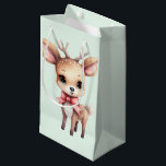 Cute Baby Deer Cartoon Illustration Small Gift Bag<br><div class="desc">Gift bag with an illustration of an adorable baby deer. Big eyes big ears with a large head and little brown antlers. Wearing a big red bow.</div>