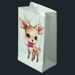 Cute Baby Deer Cartoon Illustration Small Gift Bag<br><div class="desc">Gift bag with an illustration of an adorable baby deer. Big eyes big ears with a large head and little brown antlers. Wearing a big red bow.</div>