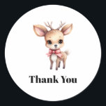 Cute Baby Deer Cartoon Illustration Thank You Classic Round Sticker<br><div class="desc">Thank you stickers with an illustration of an adorable baby deer. Big eyes big ears with a large head and little brown antlers. Wearing a big red bow.</div>