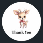 Cute Baby Deer Cartoon Illustration Thank You Classic Round Sticker<br><div class="desc">Thank you stickers with an illustration of an adorable baby deer. Big eyes big ears with a large head and little brown antlers. Wearing a big red bow.</div>
