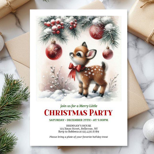 Cute baby deer Christmas kids invite editable card (Cute baby deer watercolor Christmas invite red green white)