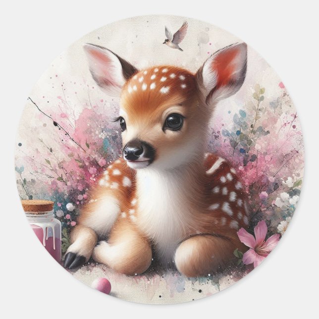 Cute baby deer classic round sticker (Front)