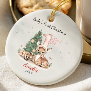 Cute baby deer first Christmas pink personalized Ceramic Tree Decoration