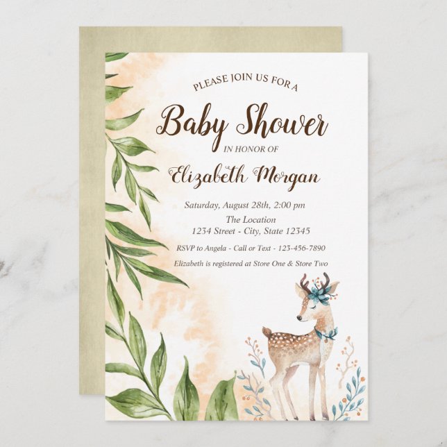 Cute Baby Deer Leaves Baby Shower Invitation (Front/Back)