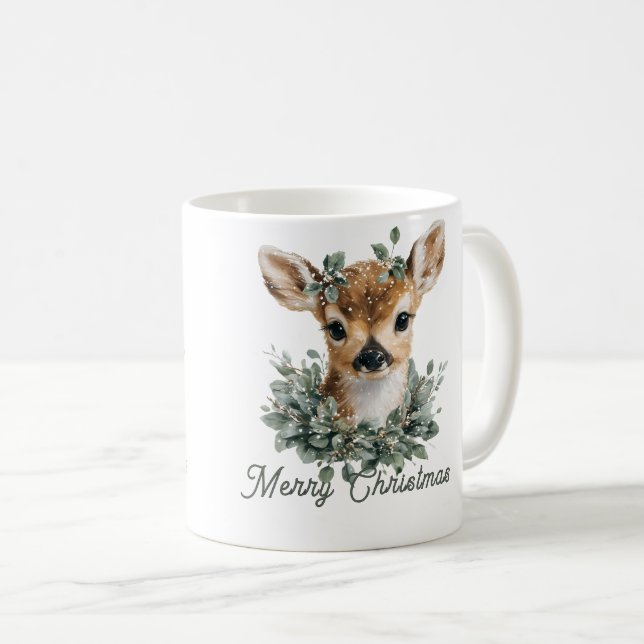 Cute Baby Deer Merry Christmas – Watercolor Fawn  Coffee Mug (Front Right)