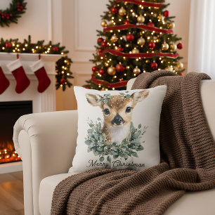 Cute Baby Deer Merry Christmas – Watercolor Fawn  Cushion