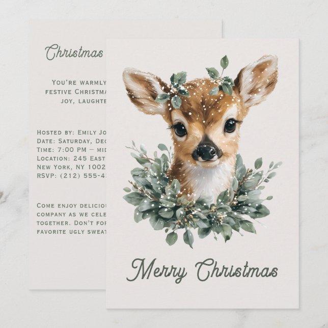 Cute Baby Deer Merry Christmas – Watercolor Fawn  Invitation (Front/Back)
