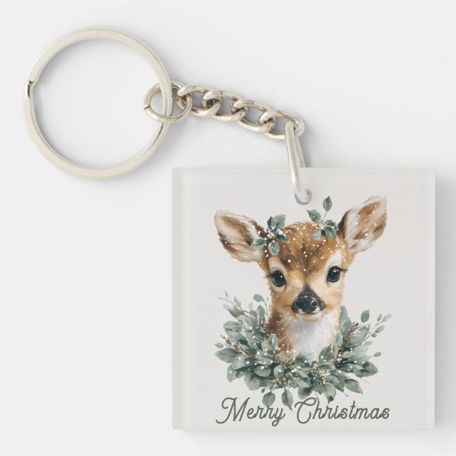Cute Baby Deer Merry Christmas – Watercolor Fawn  Key Ring (Front)