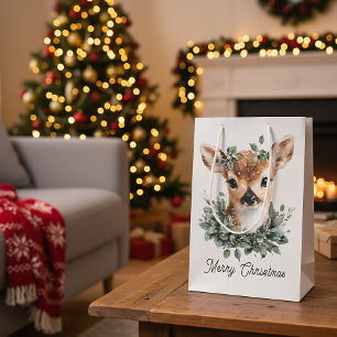 Cute Baby Deer Merry Christmas – Watercolor Fawn  Medium Gift Bag