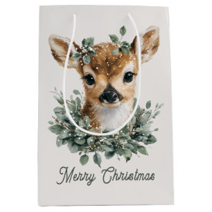 Cute Baby Deer Merry Christmas – Watercolor Fawn  Medium Gift Bag