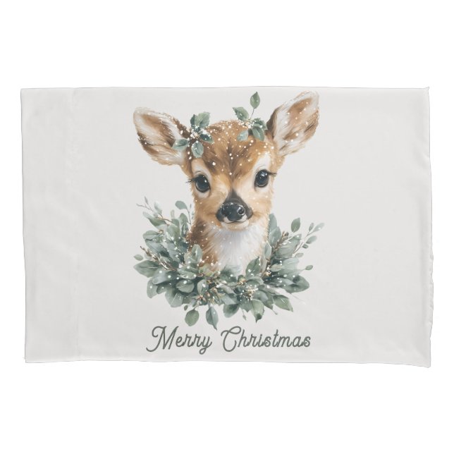 Cute Baby Deer Merry Christmas – Watercolor Fawn  Pillowcase (Front)