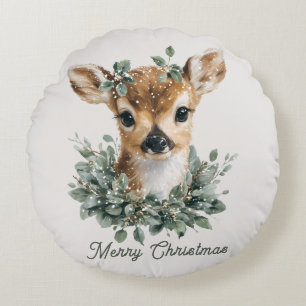 Cute Baby Deer Merry Christmas – Watercolor Fawn Round Cushion