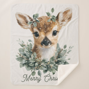 Cute Baby Deer Merry Christmas – Watercolor Fawn  Sherpa Blanket