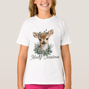 Cute Baby Deer Merry Christmas – Watercolor Fawn  T-Shirt
