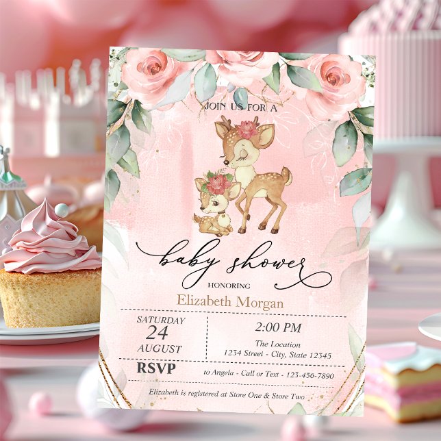 Cute Baby Deer Pink Roses Baby Shower  Invitation (Creator Uploaded)