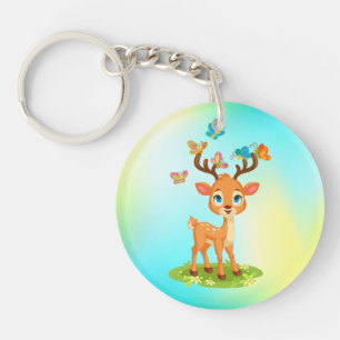Cute Baby Deer Playing with Butterfles-23475 Key Ring