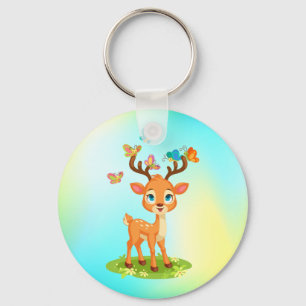 Cute Baby Deer Playing with Butterfles-23475 Key Ring
