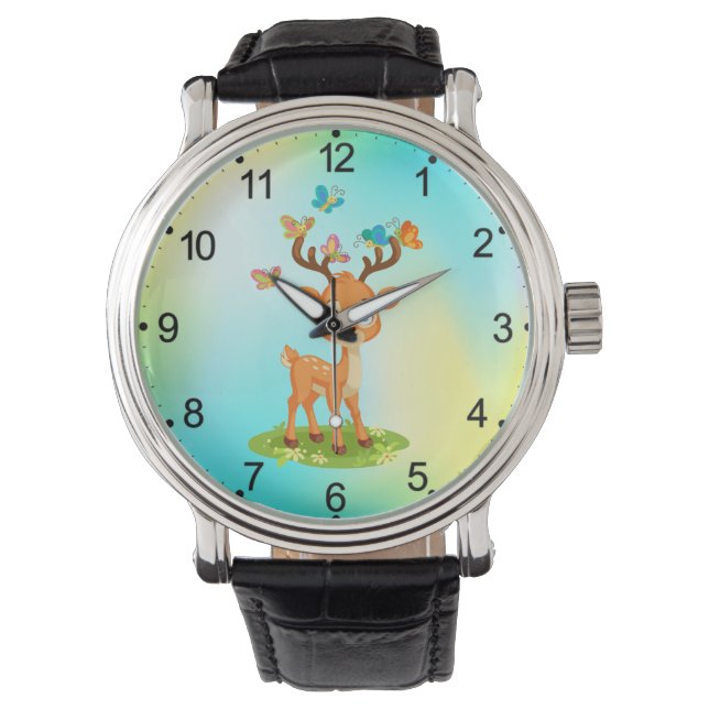Cute Baby Deer Playing with Butterfles-23475 Watch (Front)