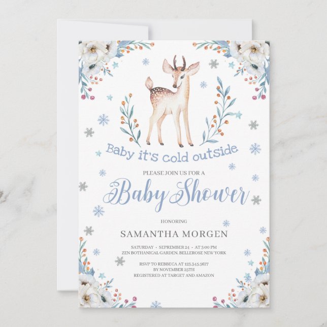Cute baby deer winter blue floral boy baby shower invitation (Front)