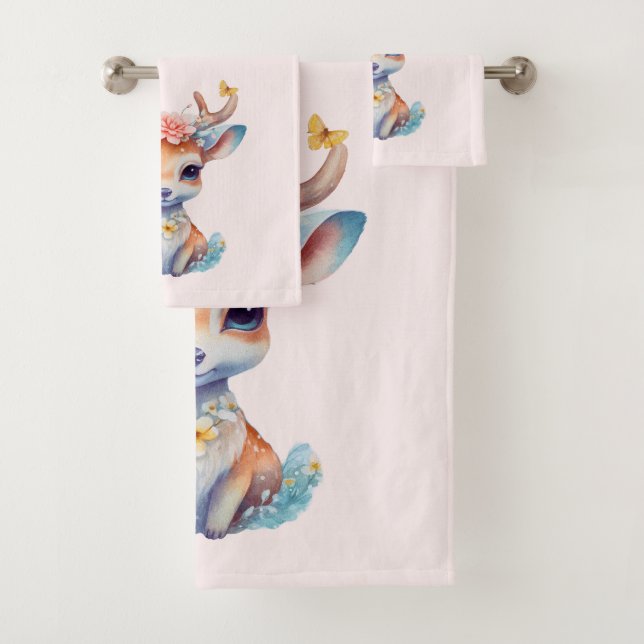 Cute Baby Deer with Antlers and Flowers Bath Towel Set (Insitu)