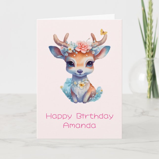 Cute Baby Deer with Antlers and Flowers Birthday Card (Front)