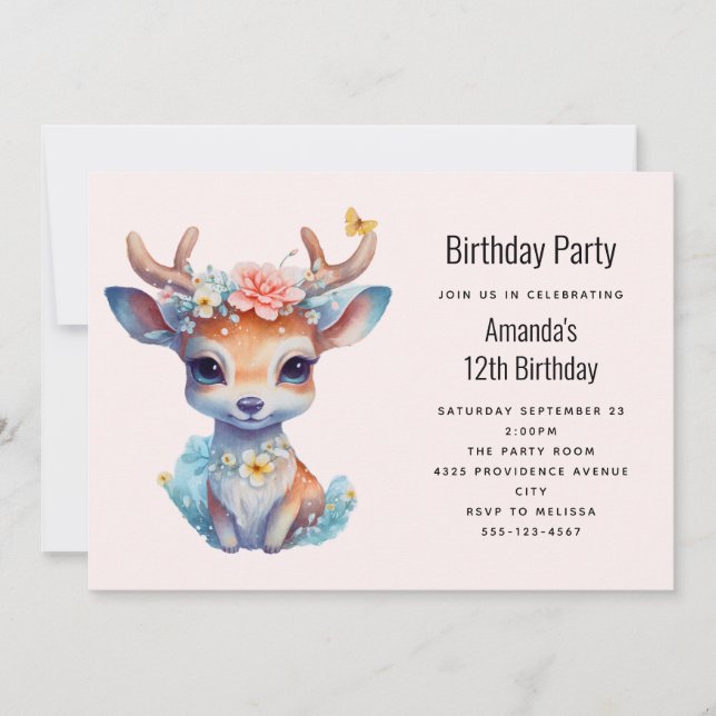 Cute Baby Deer with Antlers and Flowers Birthday Invitation (Front)