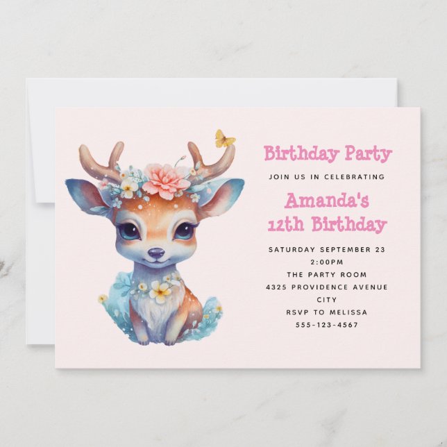 Cute Baby Deer with Antlers and Flowers Birthday Invitation (Front)