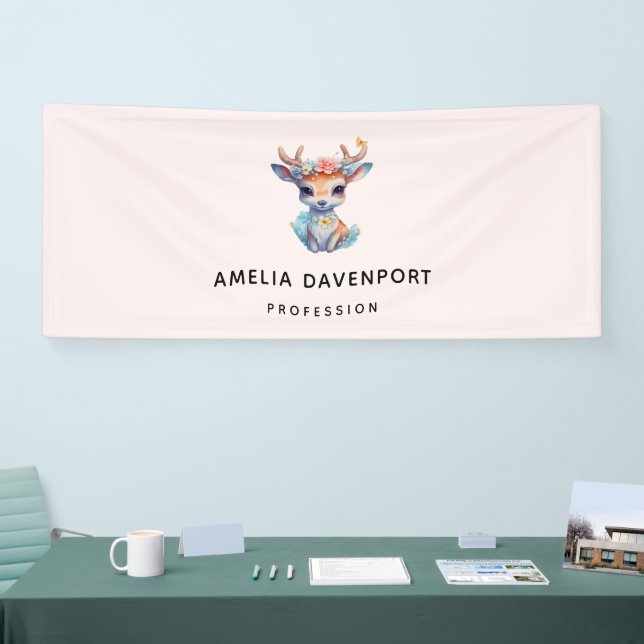 Cute Baby Deer with Antlers and Flowers Business Banner (Tradeshow)