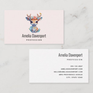Cute Baby Deer with Antlers and Flowers Business Card