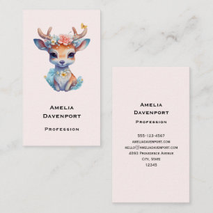 Cute Baby Deer with Antlers and Flowers Business Card