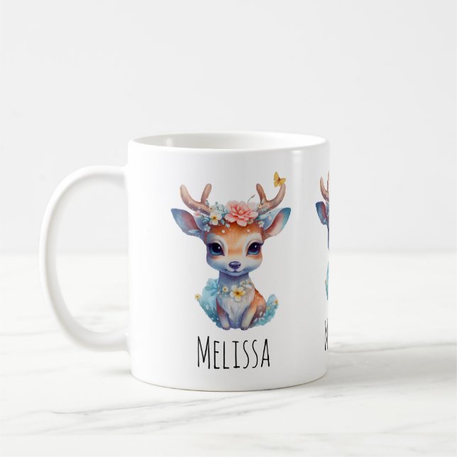 Cute Baby Deer with Antlers and Flowers Coffee Mug (Left)