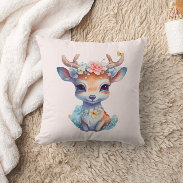 Cute Baby Deer with Antlers and Flowers Cushion (Blanket)