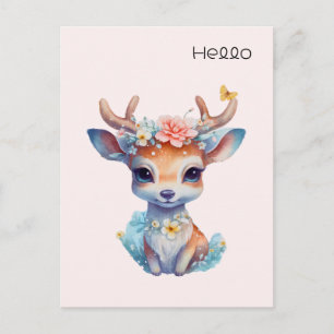 Cute Baby Deer with Antlers and Flowers Hello Postcard