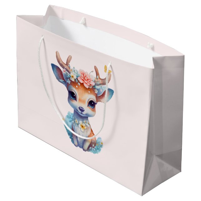 Cute Baby Deer with Antlers and Flowers Large Gift Bag (Back Angled)