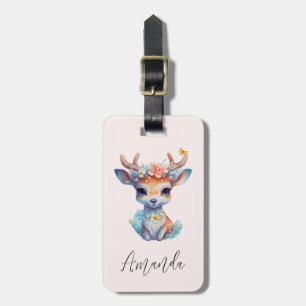Cute Baby Deer with Antlers and Flowers Luggage Tag