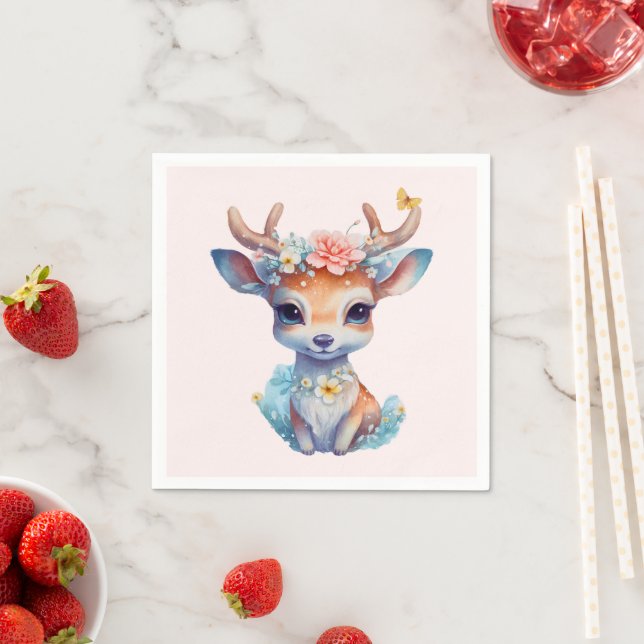 Cute Baby Deer with Antlers and Flowers Napkin (Insitu)