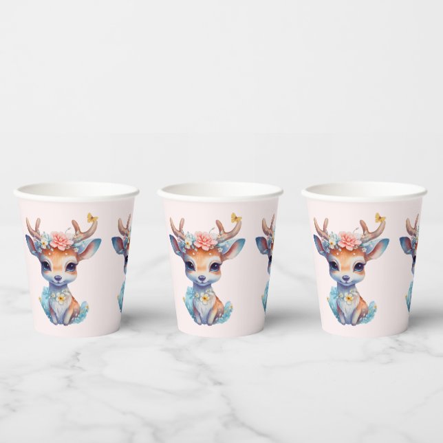 Cute Baby Deer with Antlers and Flowers Paper Cups (Multi)