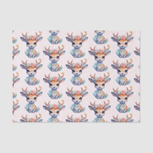 Cute Baby Deer with Antlers and Flowers Pattern Tissue Paper (Front)