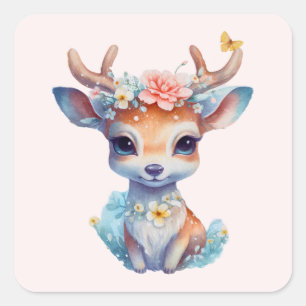 Cute Baby Deer with Antlers and Flowers Square Sticker
