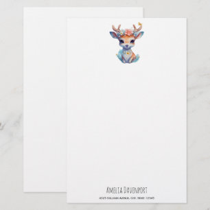 Cute Baby Deer with Antlers and Flowers Stationery