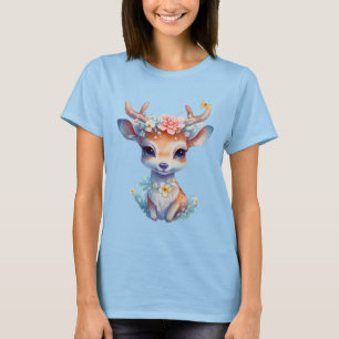 Cute Baby Deer with Antlers and Flowers T-Shirt