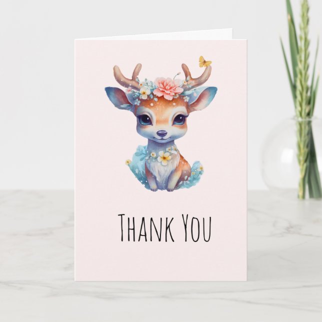 Cute Baby Deer with Antlers and Flowers Thank You Card (Front)